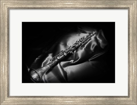 Framed Black And White Still-Life Image Of A Brass Clarinet Print