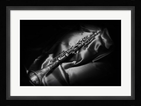 Framed Black And White Still-Life Image Of A Brass Clarinet Print