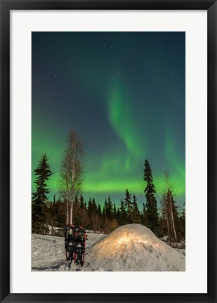 Framed Alaska, Fairbanks A Quinzee Snow Shelter And Aurora Borealis Print