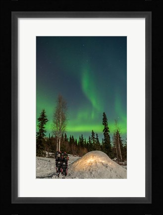 Framed Alaska, Fairbanks A Quinzee Snow Shelter And Aurora Borealis Print