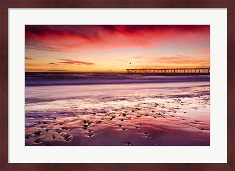 Framed Sunset Over Ventura Pier From San Buenaventura State Beach Print