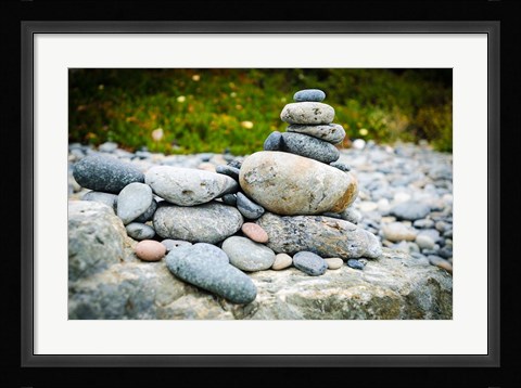 Framed Stacked Rocks On Sand Dollar Beach Print
