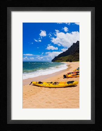 Framed Sea Kayaks On Milolii Beach, Island Of Kauai, Hawaii Print