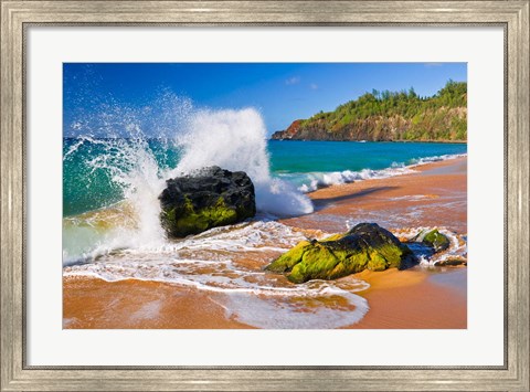 Framed Surf Crashing On Rocks At Secret Beach, Kauai, Hawaii Print