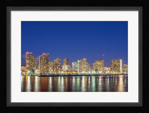 Framed Waikiki Skyline At Night, Honolulu, Hawaii Print