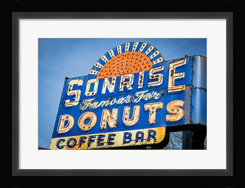 Framed Vintage Neon Sign For Sunrise Donuts Print