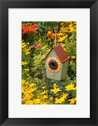 Framed Sunflower Birdhouse In Garden Print