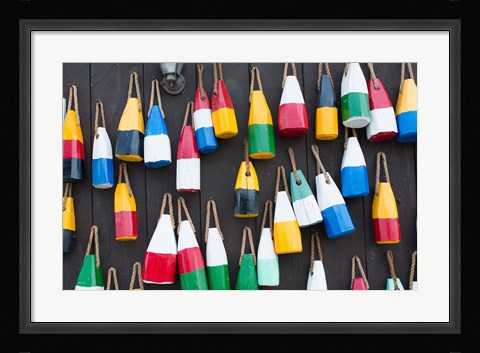 Framed Colorful Buoys Hanging On Wall, Bar Harbor, Maine Print