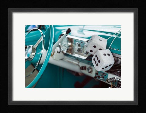 Framed 1950's Fuzzy Dice In A Teal Car Print
