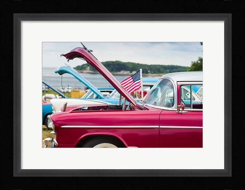 Framed 1950's Red Fuzzy Dice At An Antique Car Show Print