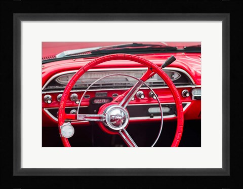 Framed Classic Red Steering Whell At An Antique Car Show Print