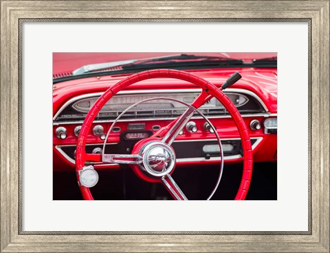 Framed Classic Red Steering Whell At An Antique Car Show Print