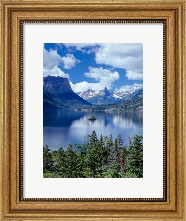 Framed Cumulus Clouds Drift Over Saint Mary Lake And Wild Goose Island Print