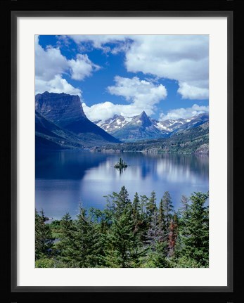 Framed Cumulus Clouds Drift Over Saint Mary Lake And Wild Goose Island Print