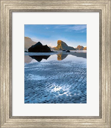 Framed Morning Light On Rocks At Meyers Beach, Oregon Print