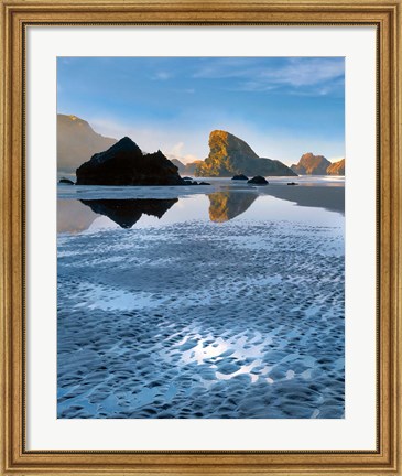 Framed Morning Light On Rocks At Meyers Beach, Oregon Print