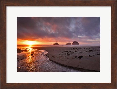 Framed Sunset On Three Arch Rocks, Oregon Print
