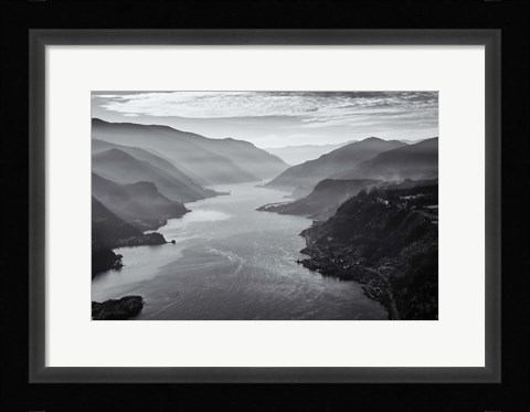Framed Aerial Landscape Of The Columbia Gorge, Oregon (BW) Print
