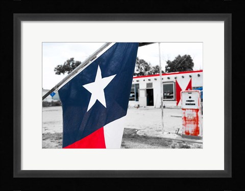 Framed Flag At An Antique Gas Station, Texas Print