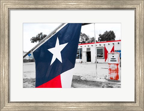 Framed Flag At An Antique Gas Station, Texas Print