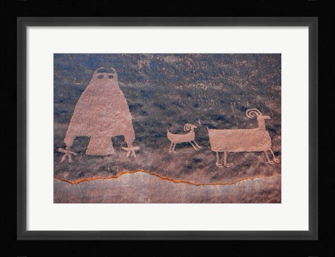 Framed Ancient Petroglyph Of Owl And Big Horn Sheep, Utah Print