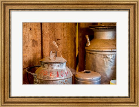 Framed Old Milk Containers From A Dairy Farm Print