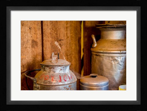 Framed Old Milk Containers From A Dairy Farm Print