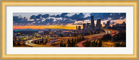 Framed Sunset Panorama Of Downtown Seattle Print