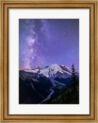Framed White River Valley Looking Toward Mt Rainier On A Starlit Night Print