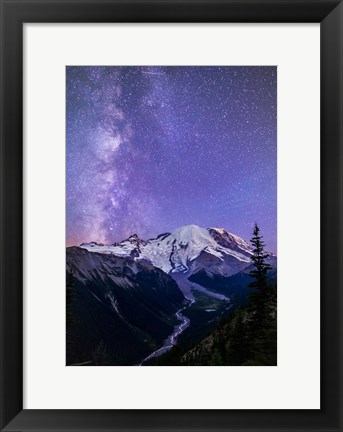 Framed White River Valley Looking Toward Mt Rainier On A Starlit Night Print