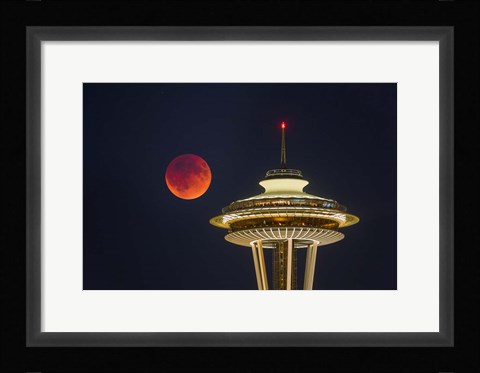 Framed Blood Moon Rises Over The Seattle Space Needle Print