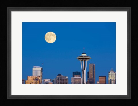 Framed Seattle Skyline View With Full Moon Print