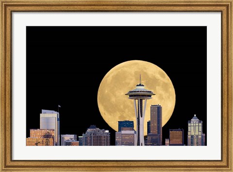 Framed Large Full Moon Behind The Seattle Space Needle Print