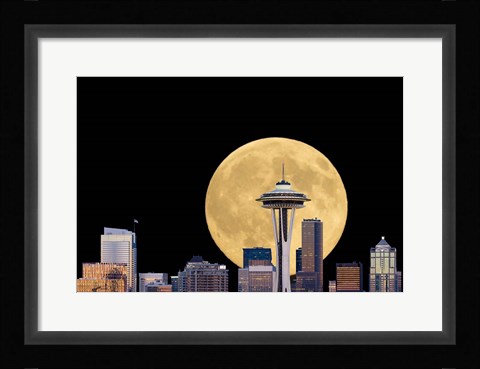 Framed Large Full Moon Behind The Seattle Space Needle Print