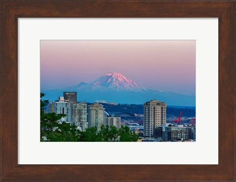 Framed Mount Rainier Behind The Seattle Skyline Print