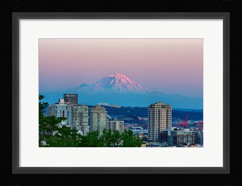 Framed Mount Rainier Behind The Seattle Skyline Print