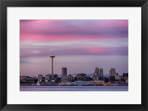 Framed Pink Sunset With The Seattle Space Needle Print