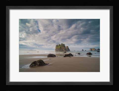 Framed Early Morning Mist And Sea Stacks On Second Beach Print