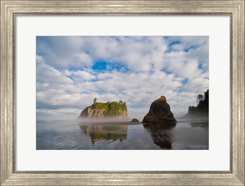 Framed Early Morning Mist And Reflections Of Sea Stacks On Ruby Beach Print