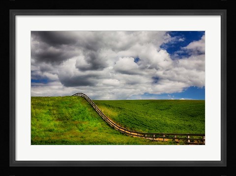 Framed Long Fence Running Through A Wheat Field Print