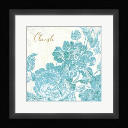 Framed Toile Roses V Teal Cherish Print