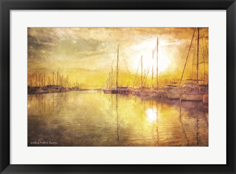 Framed Yellow Sunset Boats in Marina Print