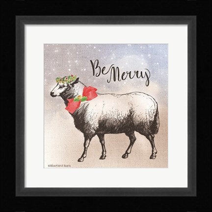 Framed Vintage Christmas Be Merry Sheep Print