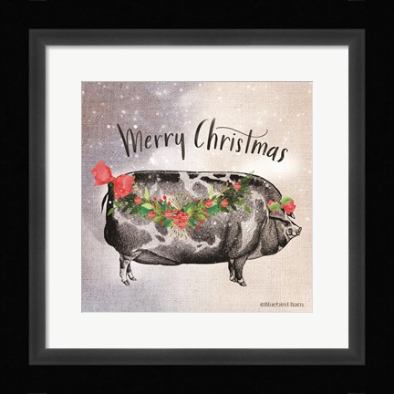 Framed Vintage Christmas Be Merry Pig Print