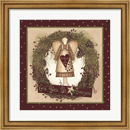 Framed Folk Angel Christmas Wreath Print