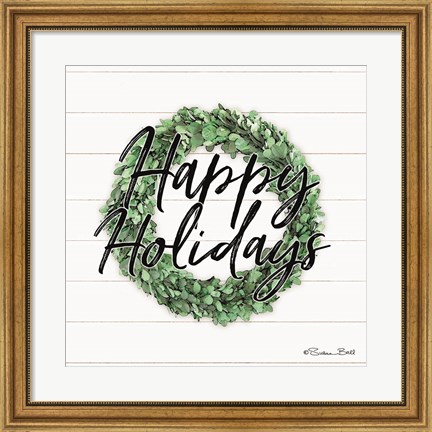 Framed Happy Holidays Boxwood Wreath Print