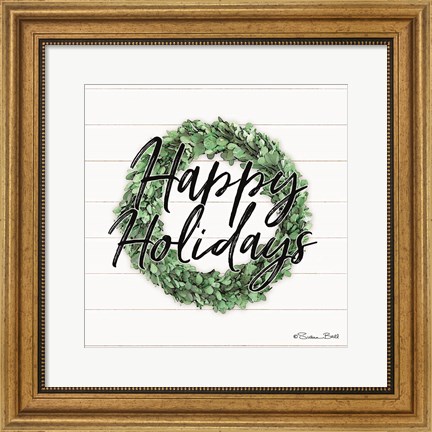 Framed Happy Holidays Boxwood Wreath Print