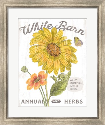 Framed White Barn Flowers I Print