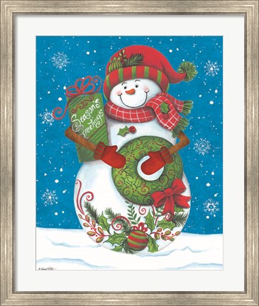 Framed Snowman with Wreaths Print