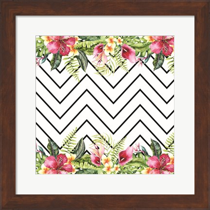 Framed Watercolor Tropical Flowers and Lines Print